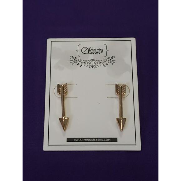 Shiny Yellow Gold Tone Straight Arrow Shaped Drop Earrings Pierced 1" NEW - Picture 2 of 7